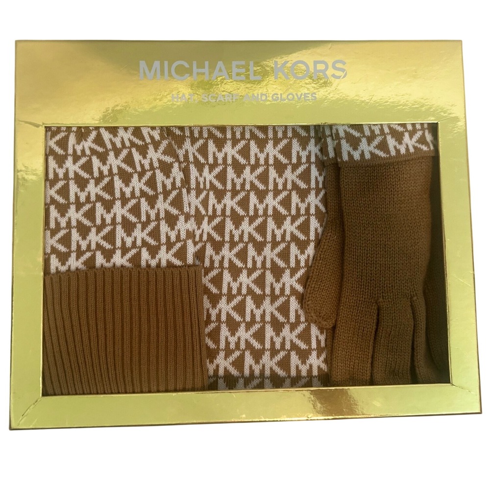 Michael Kors‎ Hat Scarf Gloves Set Womens OS Brown NWT Monogram Logo Gift Box
